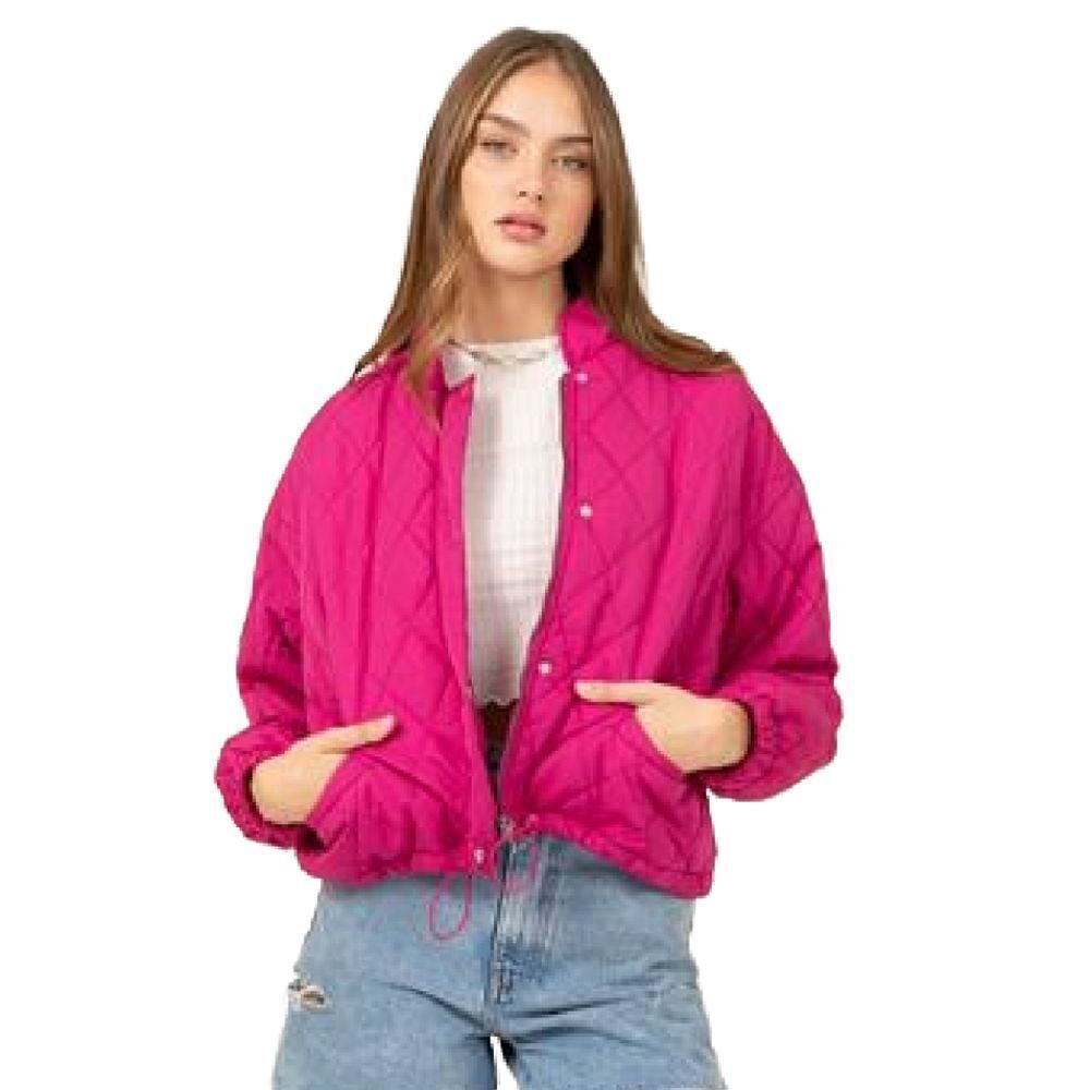 Vibrant Hot Pink Cropped Quilted Bomber Jacket Statement